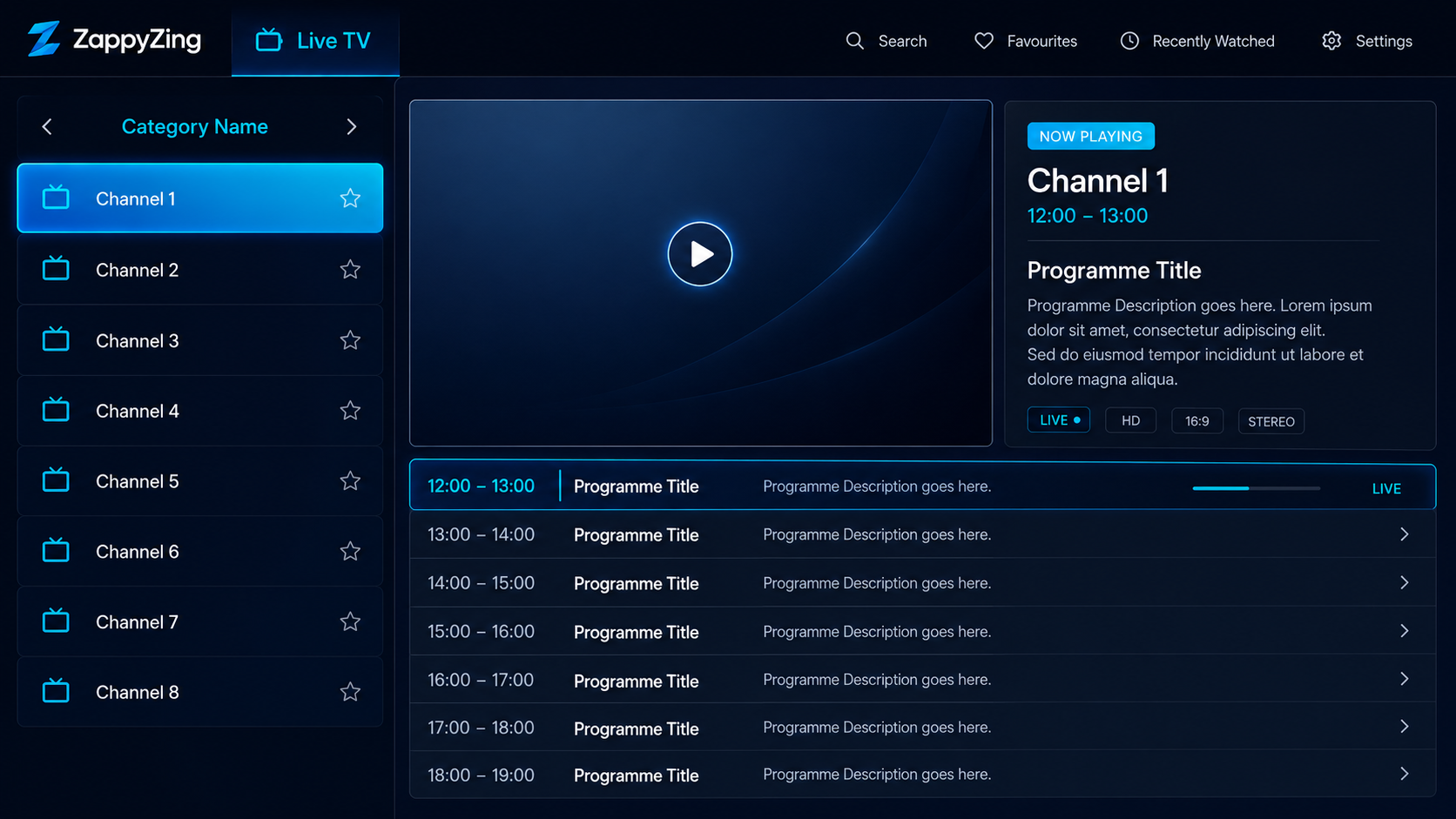 ZappyZing live TV guide interface